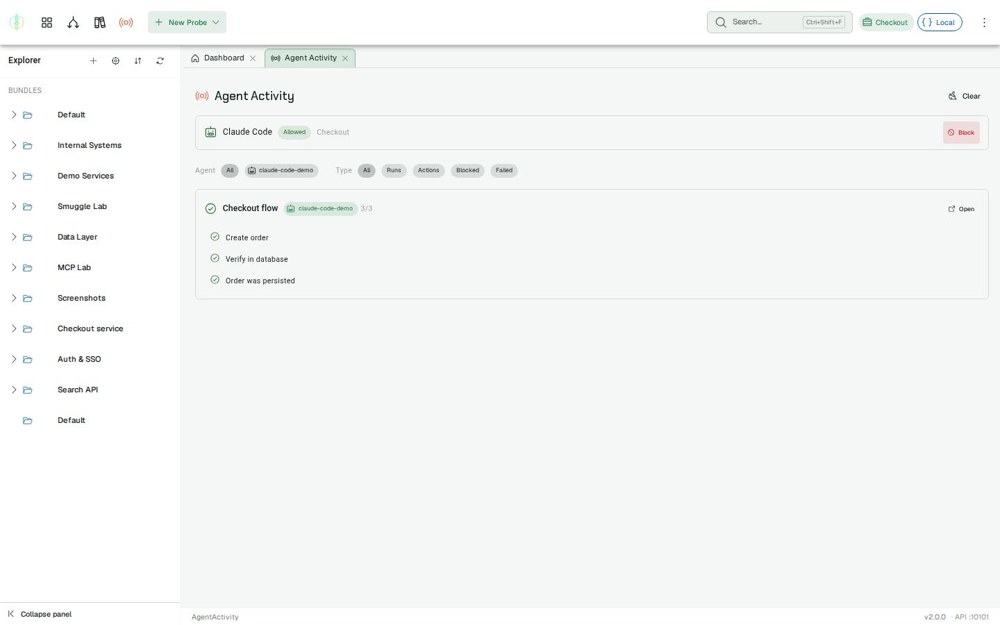 Agent Activity panel showing a connected coding agent scoped to one project, with the chain it ran and each step passing