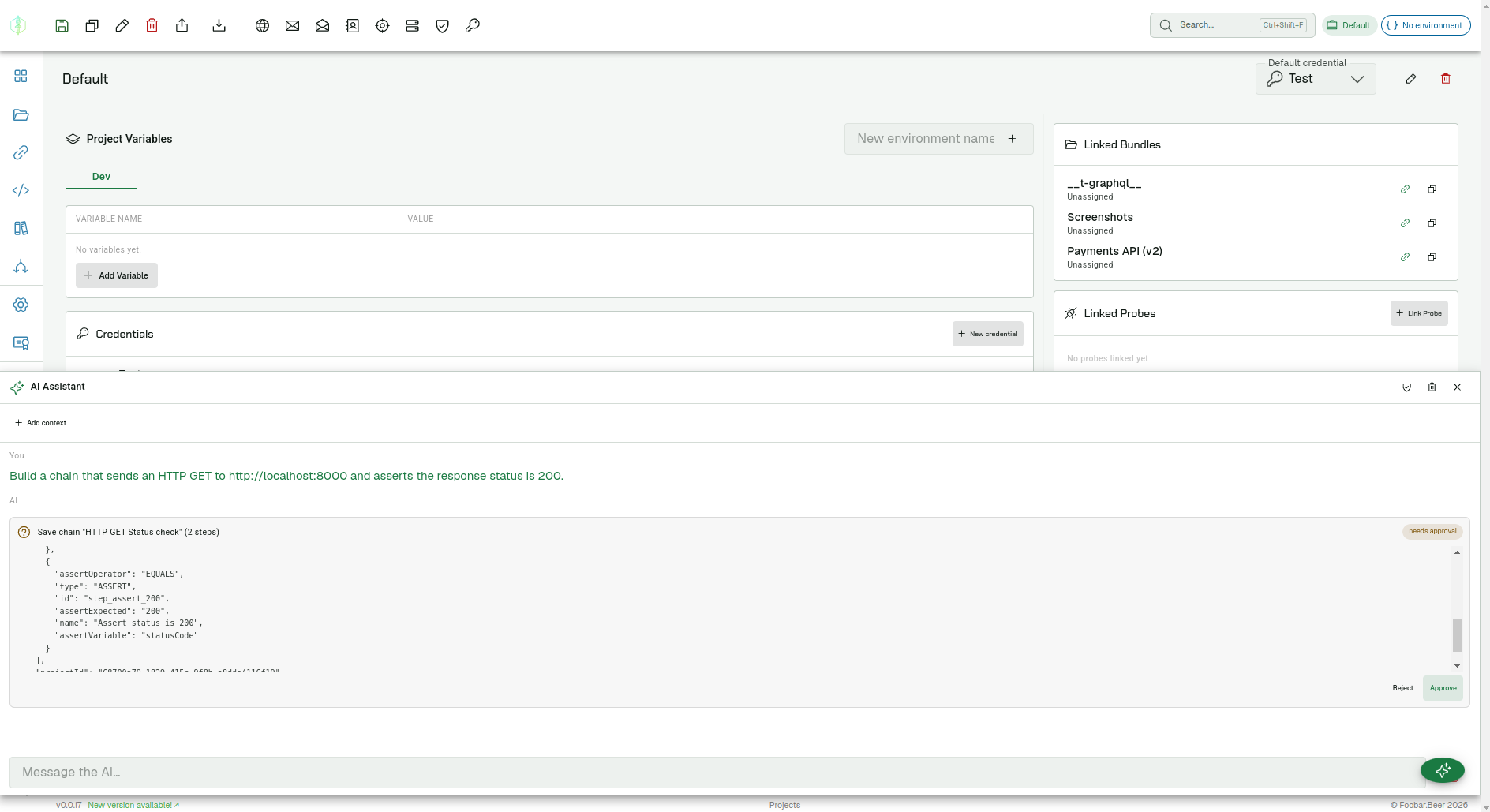 AI assistant proposing a generated chain with an Approve / Reject confirmation card