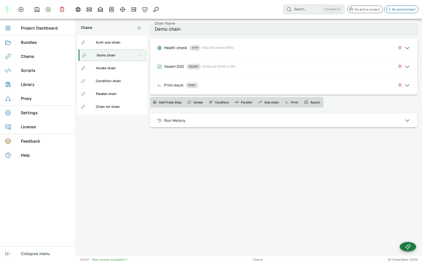 Chain editor showing a multi-step flow passing data between protocols