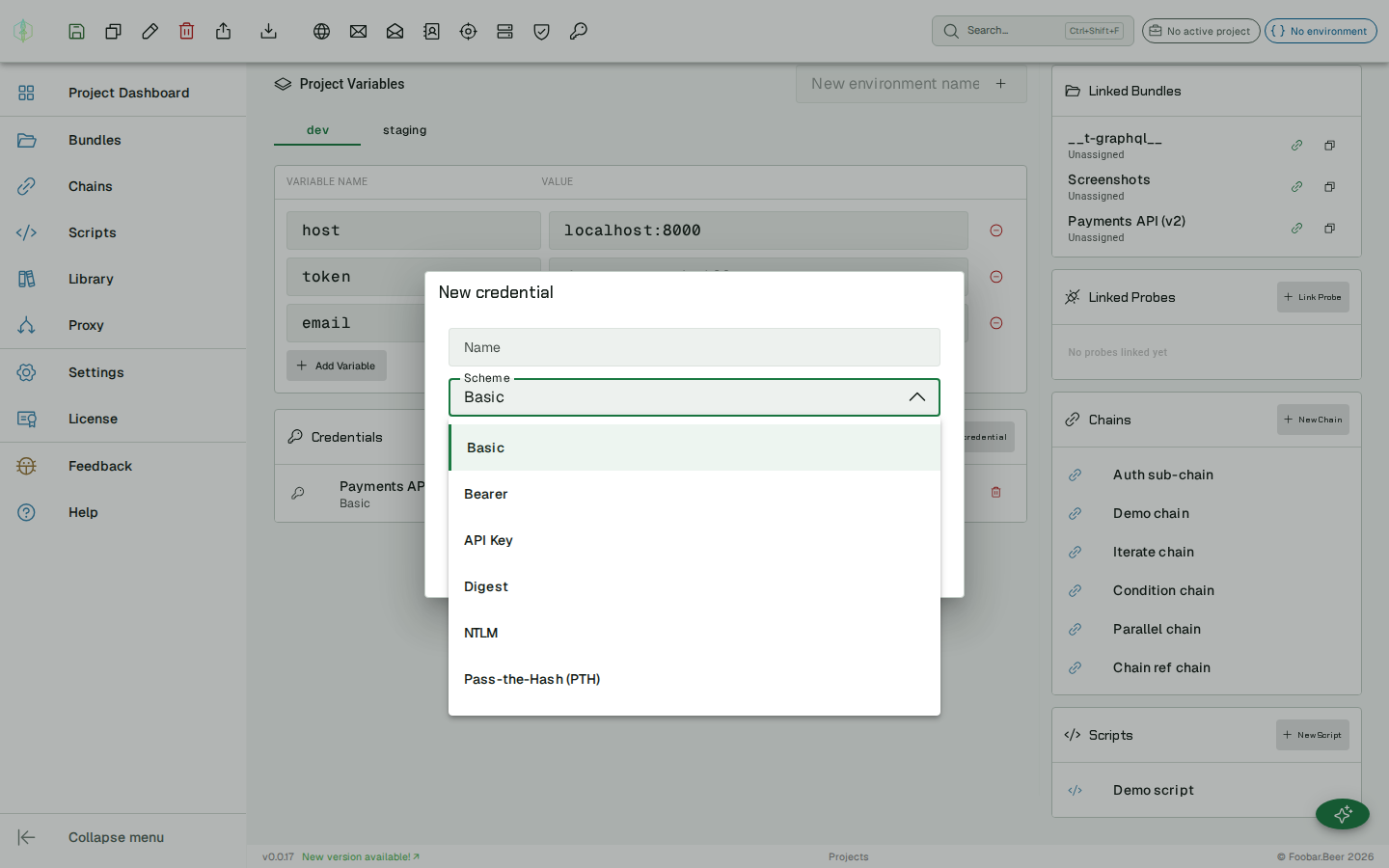 Credential store dialog with the auth scheme picker open