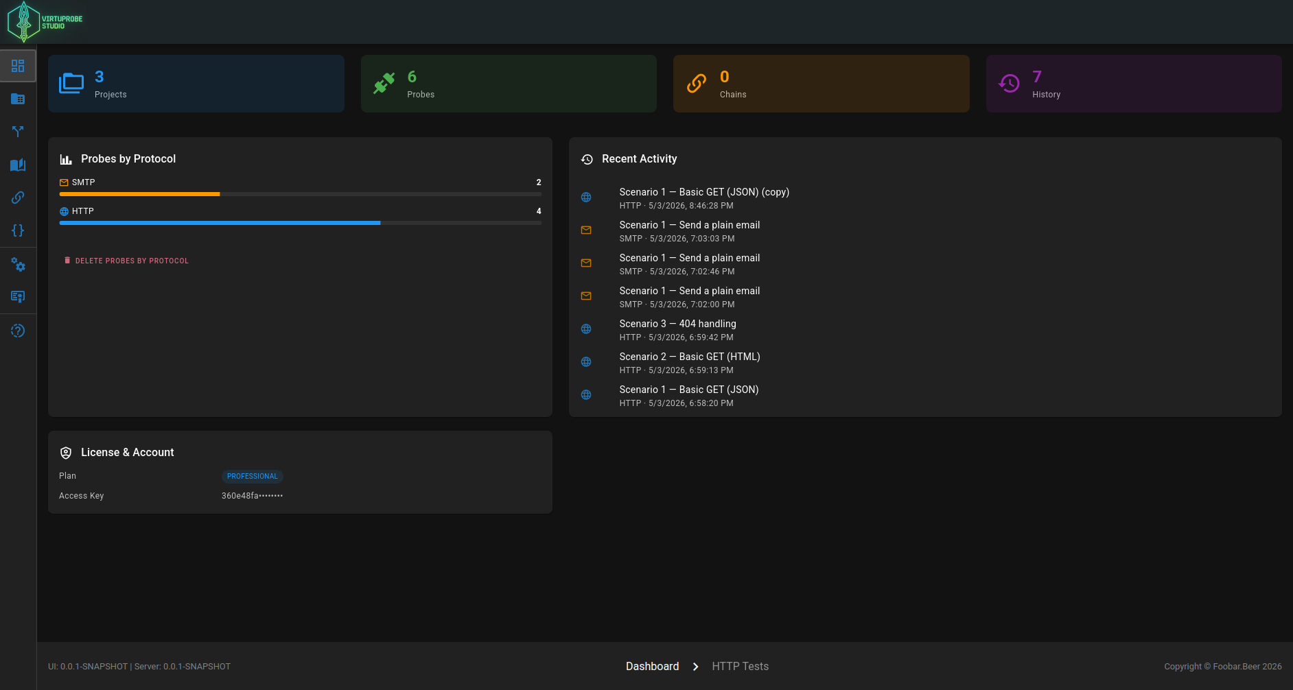 VirtuProbe Studio dashboard — projects, probes, chains, recent activity