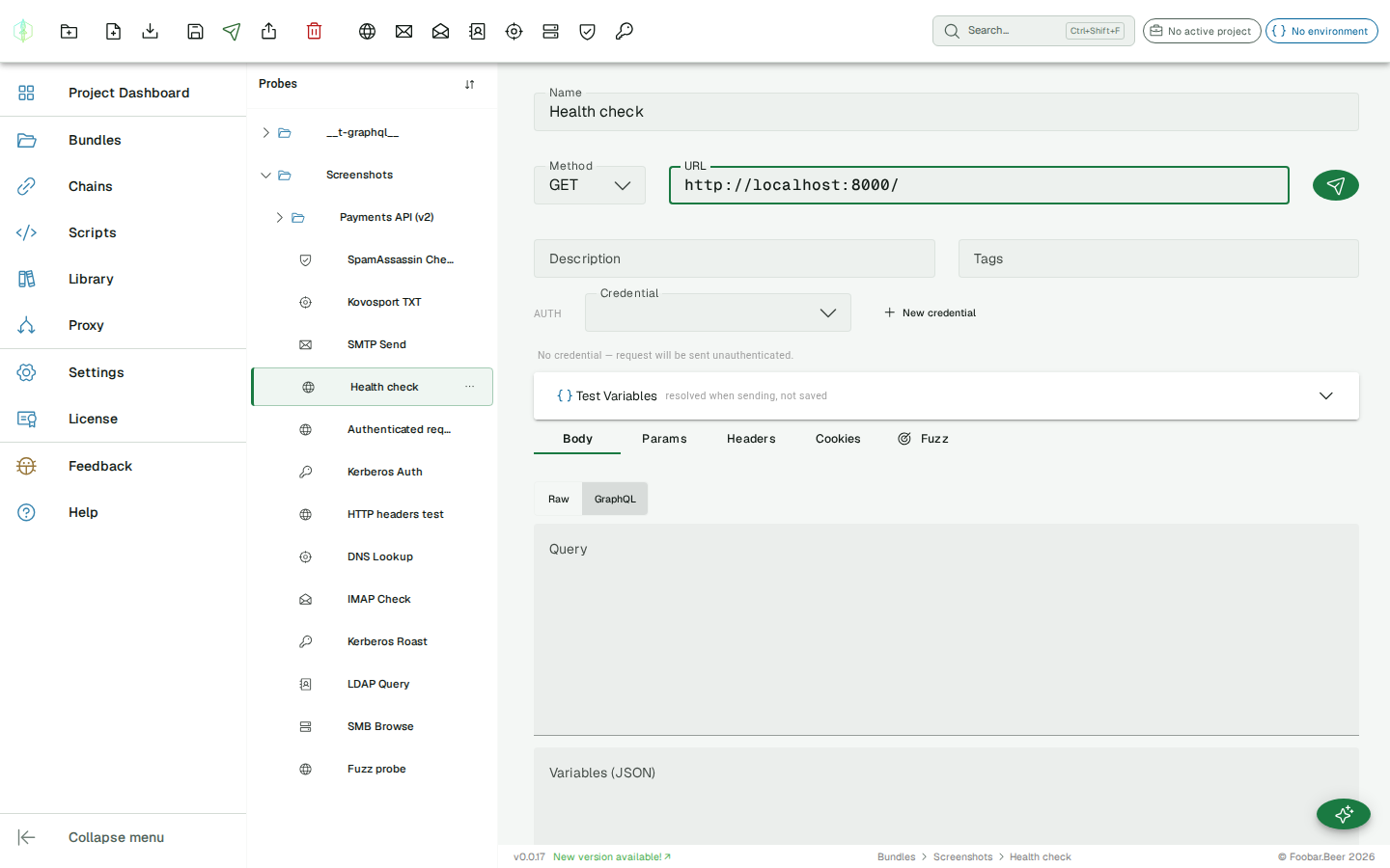 HTTP probe Body tab in GraphQL mode with Query and Variables editors