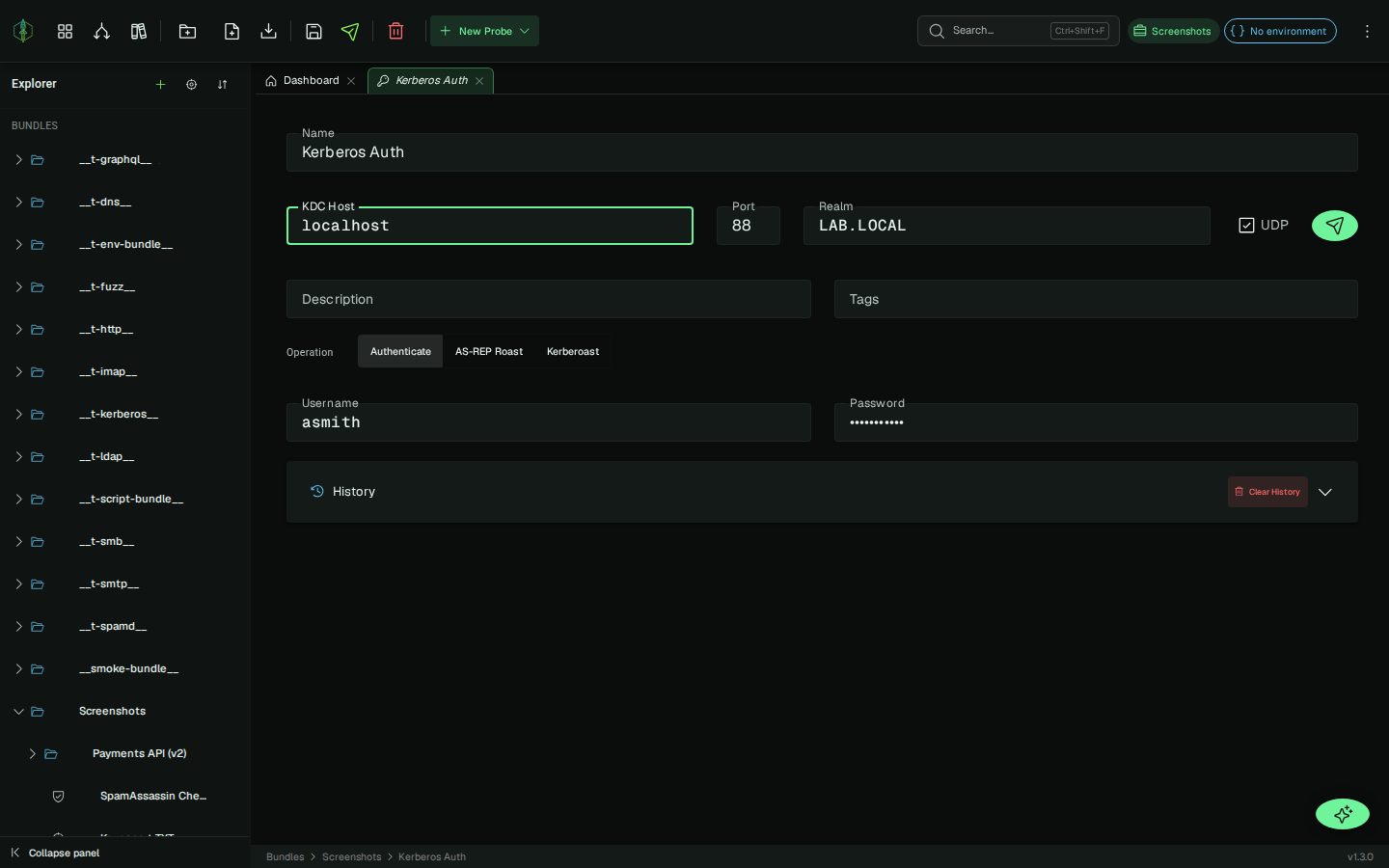 The VirtuProbe Kerberos probe editor showing KDC host, realm, operation mode and connection settings.