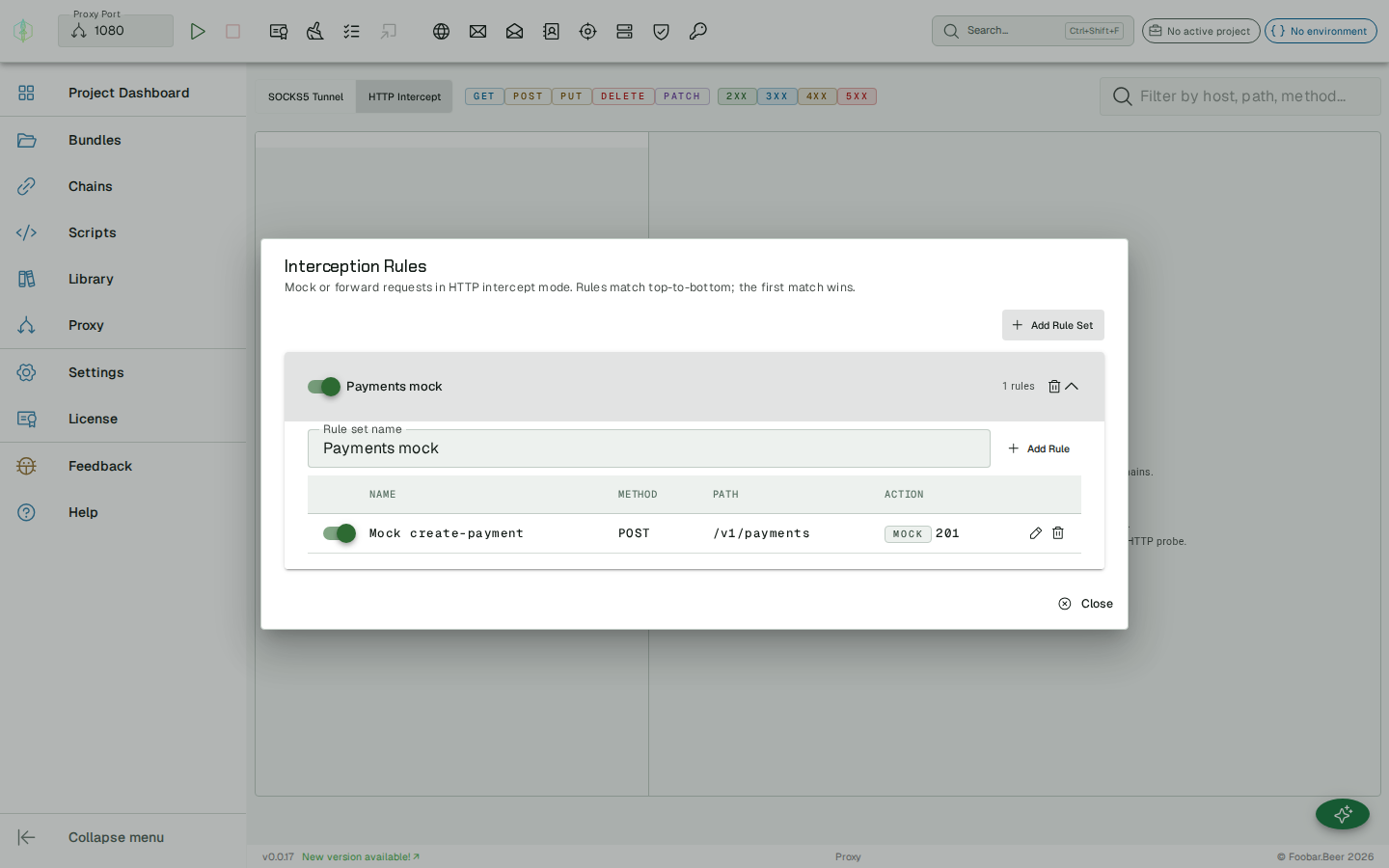 Proxy interception rules editor with a MOCK rule returning a synthetic response