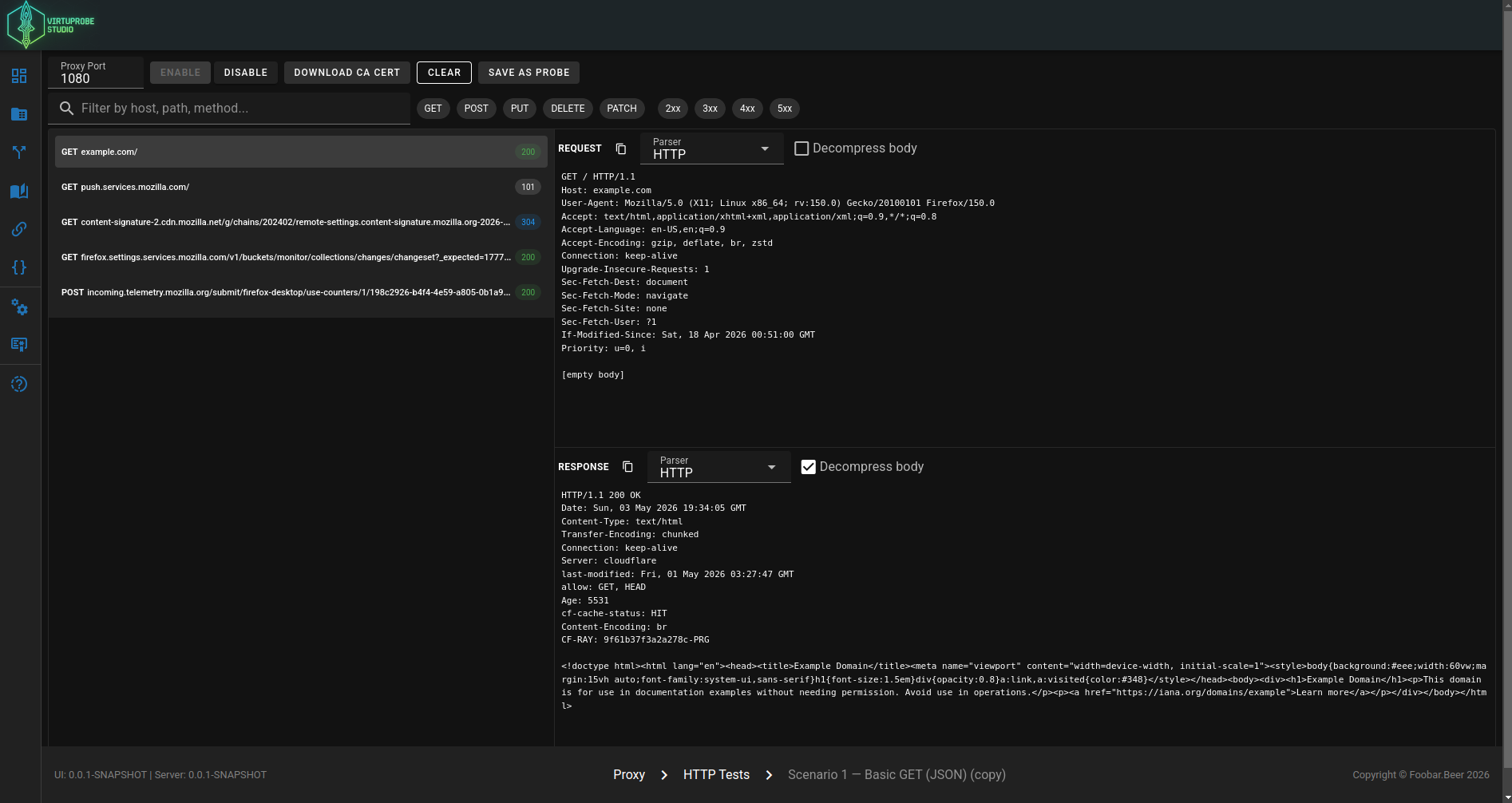 MITM proxy view showing intercepted requests with raw HTTP request and response